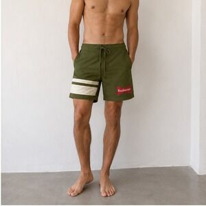 Budweiser Mens Swim Shorts Size 30 Green Logo Stripe Board Trunks NWT